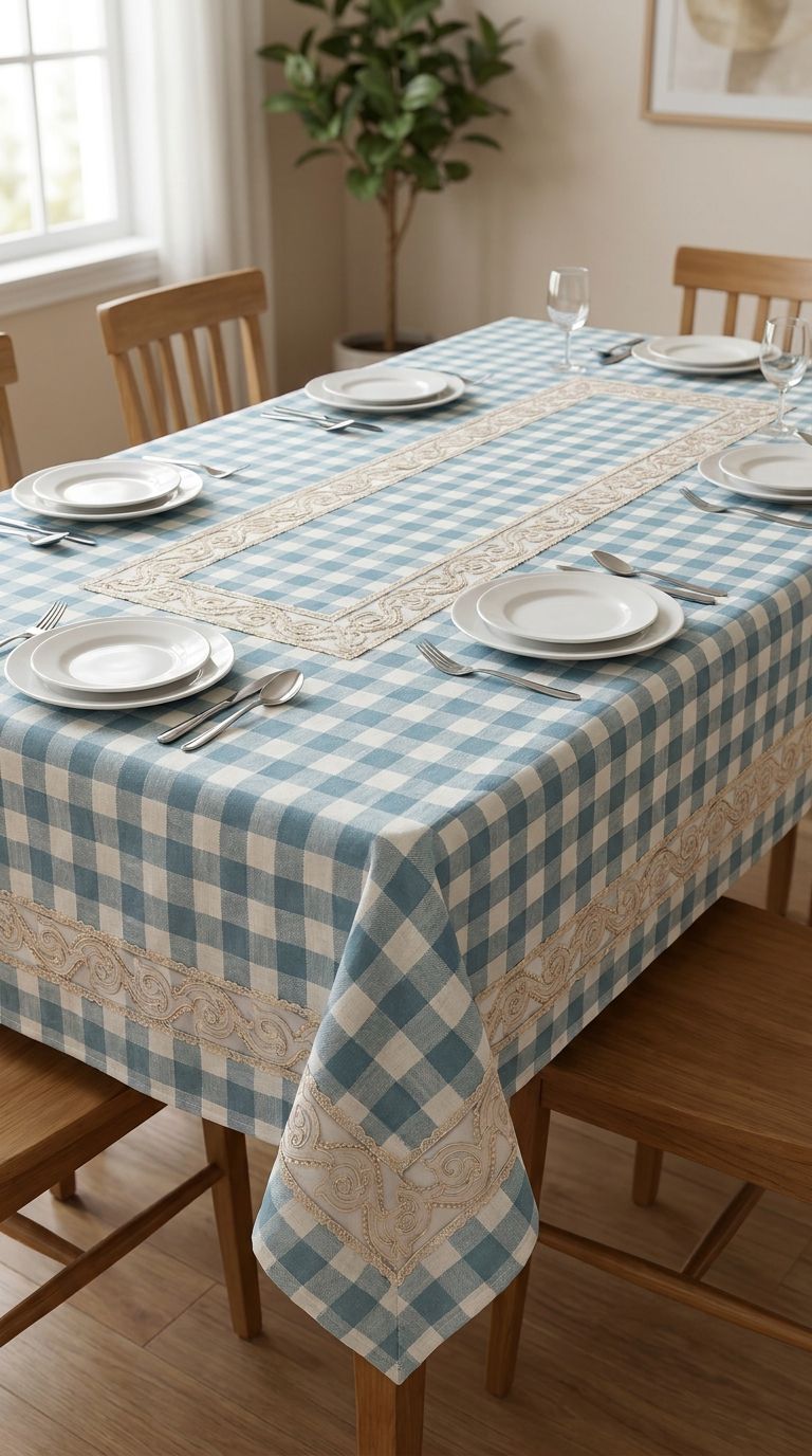 Elegant Checkered Lace Dining Table Cover – 4, 6 & 8 Seater