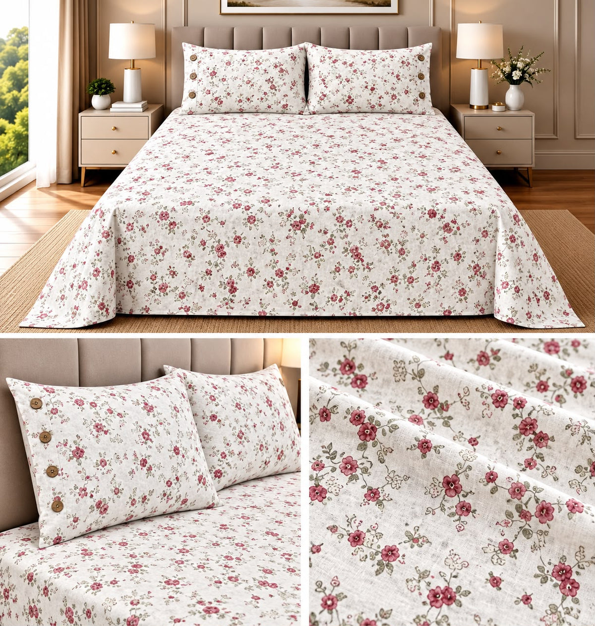 English Floral Cotton Bedsheet with 3-Button Pillow Covers – 2.5m × 2.7m