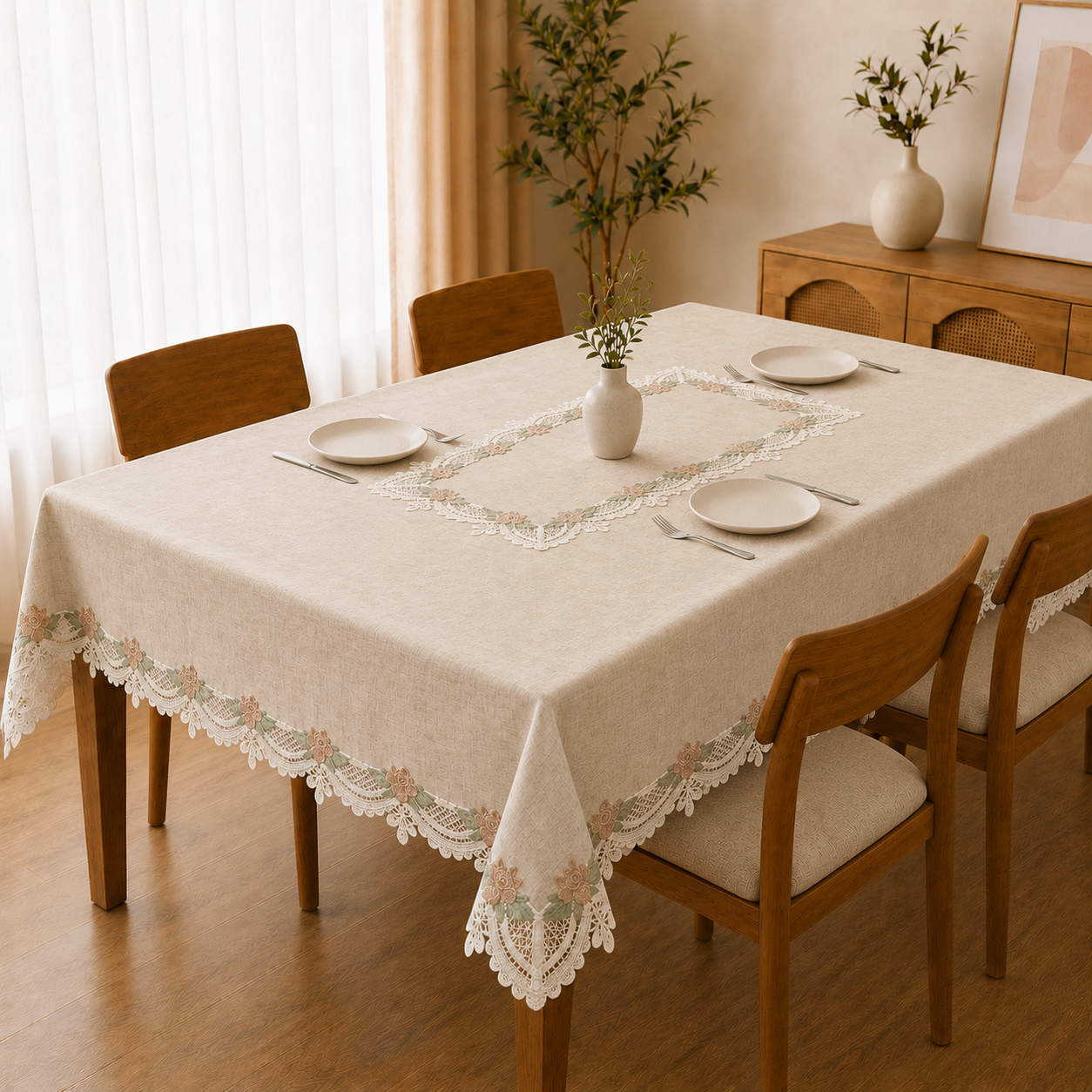 Premium Crochet (Beige Colour)  Lace Dining Table Cover –4, 6 & 8 Seater Product Code :- 55B115RKEH, 55B175RKEH, 55B215RKEH