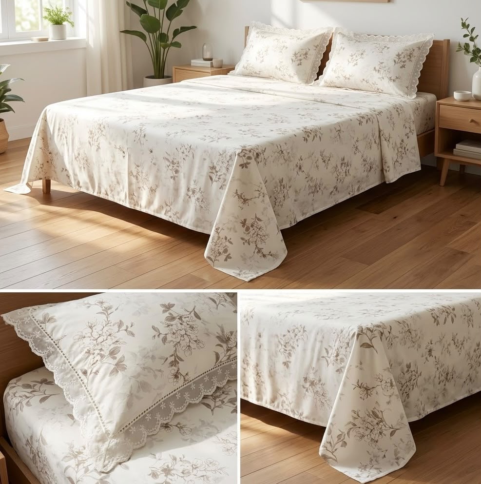 Premium 300 TC Pure Cotton Bedsheet Set with Designer Lace Pillow Covers – King Size 108 x 108 Inch