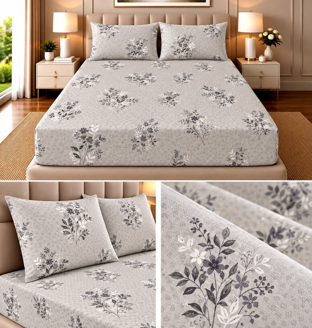 Elegance Pure Cotton King Size Fitted Bedsheet – 3 Piece Set with 2 Pillow Covers