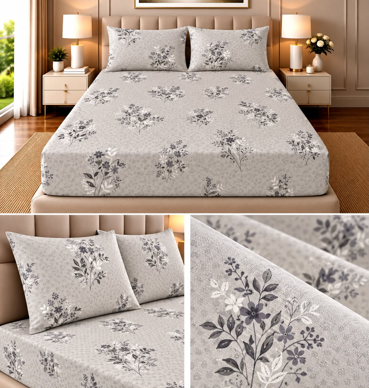 Elegance Pure Cotton King Size Fitted Bedsheet – 3 Piece Set with 2 Pillow Covers