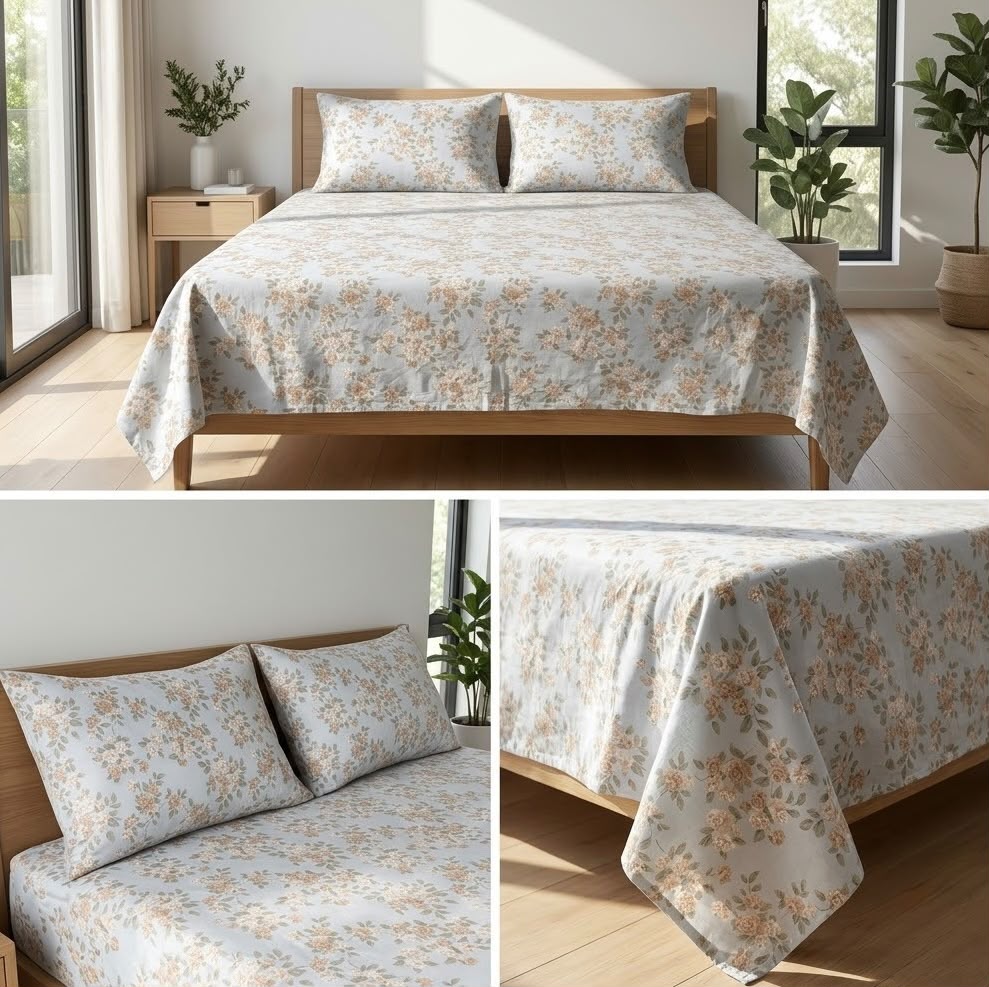 English Garden Floral 100% Pure Cotton Bedsheet Set – King Size 108 × 108 Inches