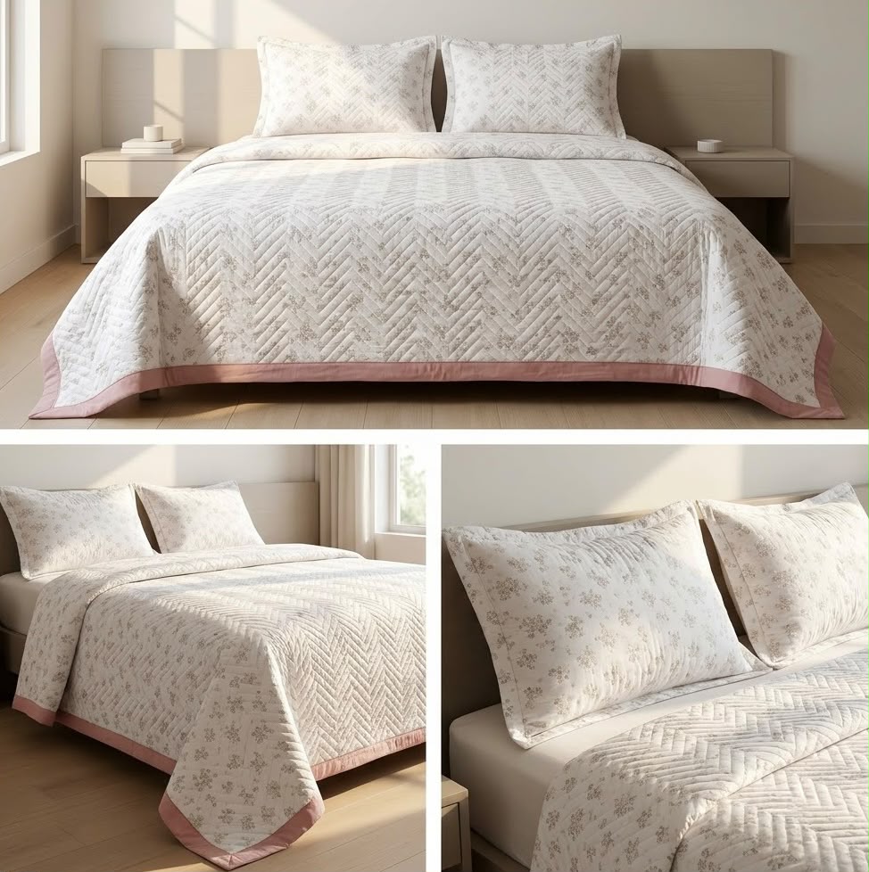 Luxury Floral Quilted Bedcover Set with Elegant Border Detailing – King Size (3 Pcs)