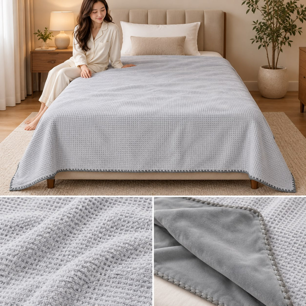Premium Japanese Dual-Layer Waffle Texture Blanket – Single Bed