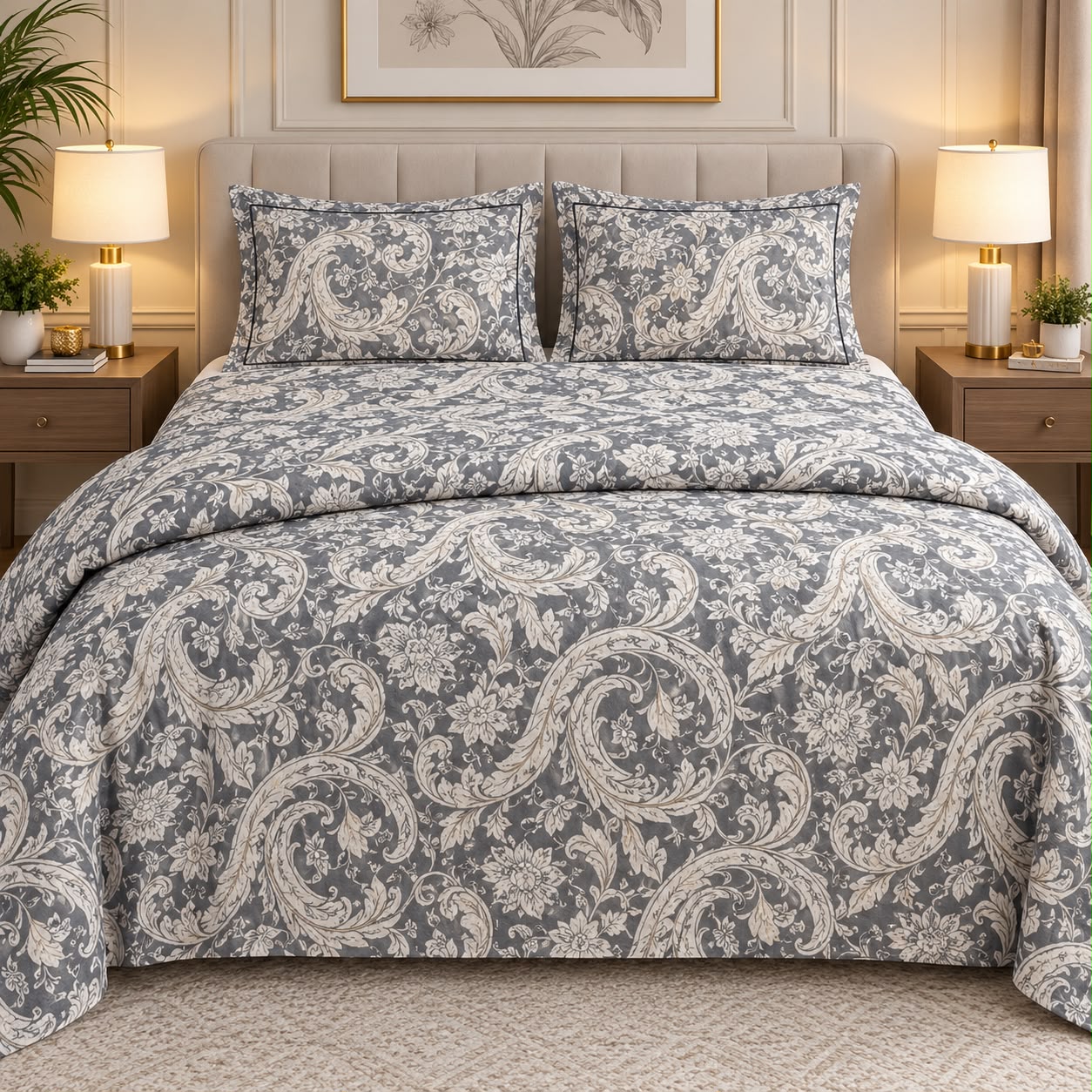 Botanical Elegance 4-Piece King Bedding Set – 100% Cotton Bedsheet with Duvet Cover