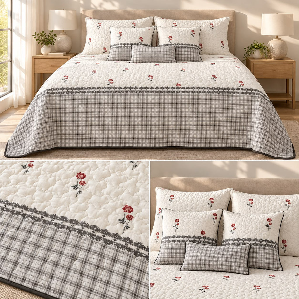 English Cottage Rose Luxury 9Pcs Quilted Bedcover Set – Floral & Gingham Collection