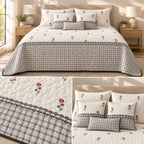 English Cottage Rose Luxury 9Pcs Quilted Bedcover Set – Floral & Gingham Collection
