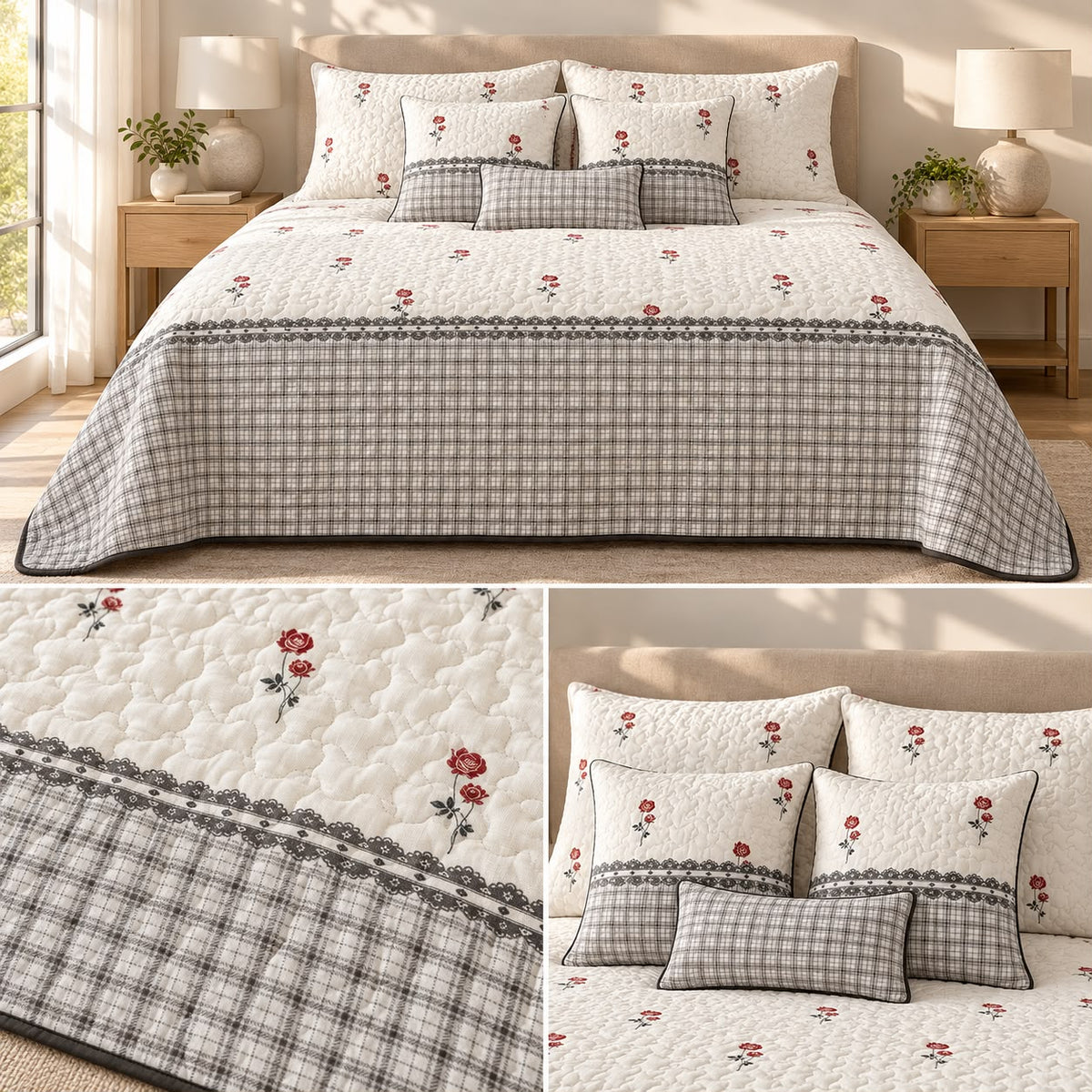 English Cottage Rose Luxury 9Pcs Quilted Bedcover Set – Floral & Gingham Collection