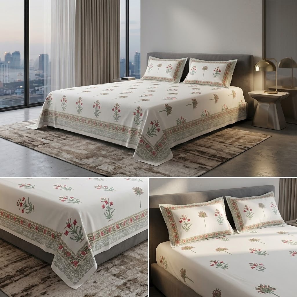 Heritage Block Print Cotton Bedsheet Set – King Size 3 Pcs