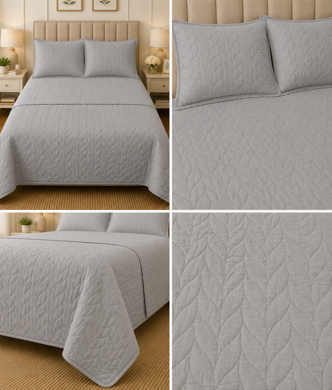 Plain King Size Quilted Bedcover with 2 Matching Pillow Covers – Elegant Leaf Stitch Design | Product Code :- 55B145RKEH