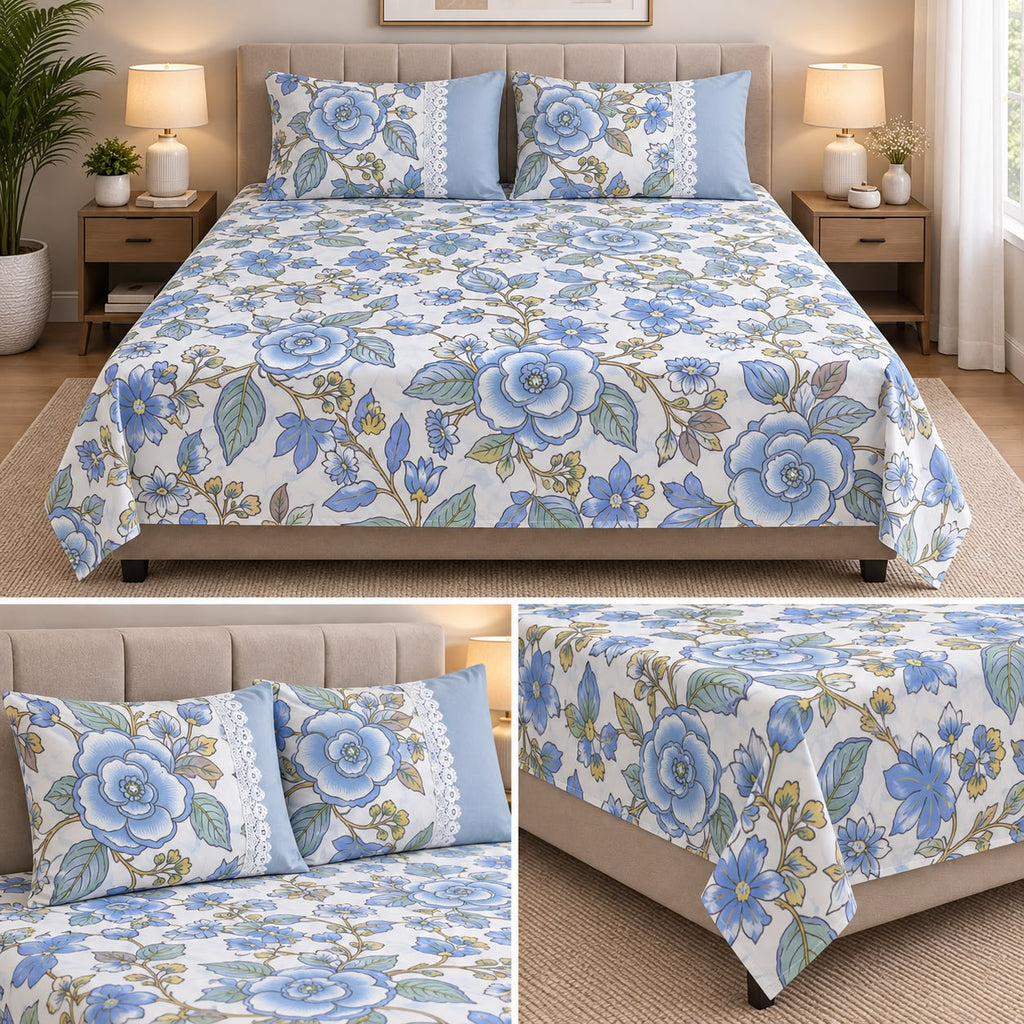 Harmony Bloom Floral King Size Bedsheet Set – 3 Piece