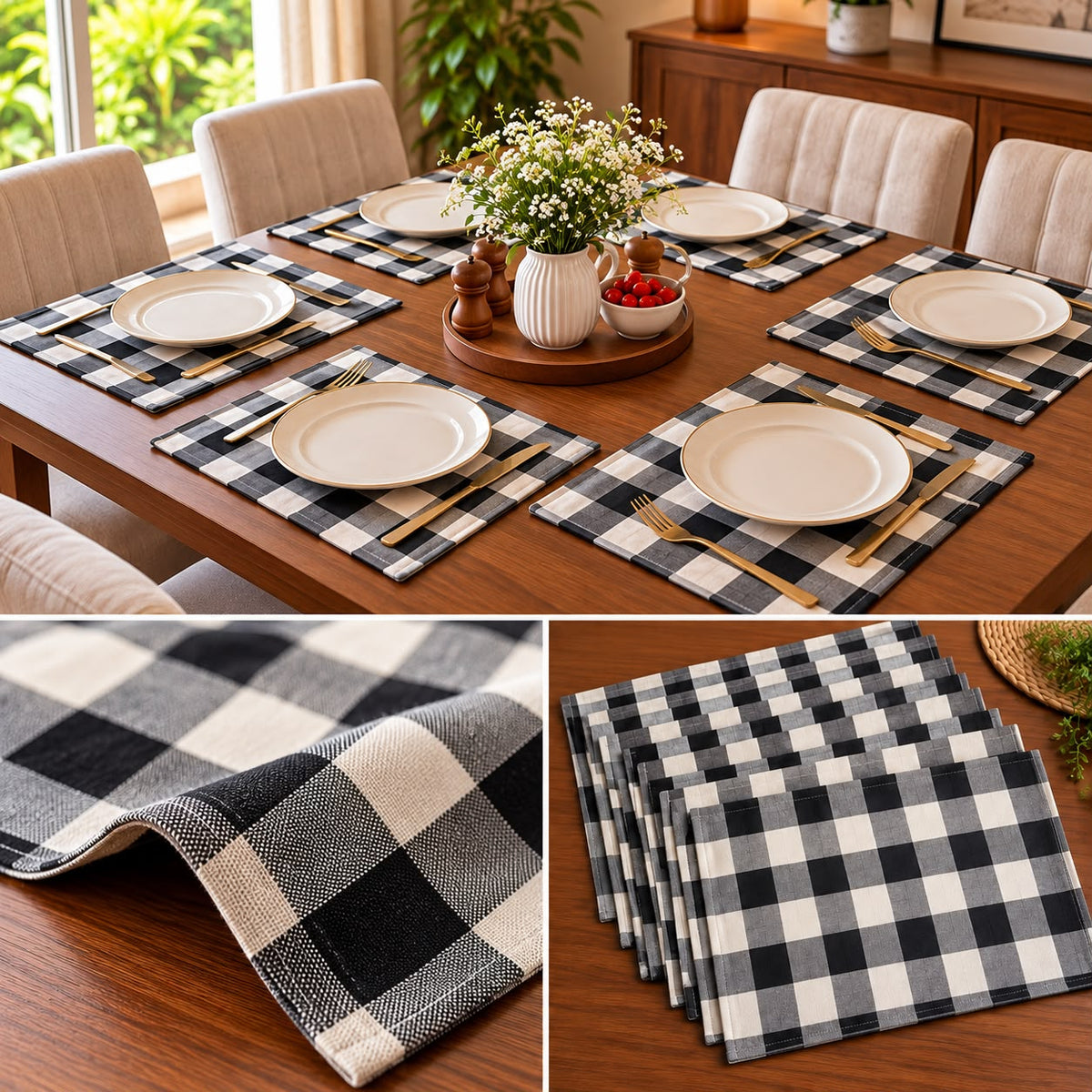 Classic Buffalo Check Fabric Dining Table Mats – Set of 6