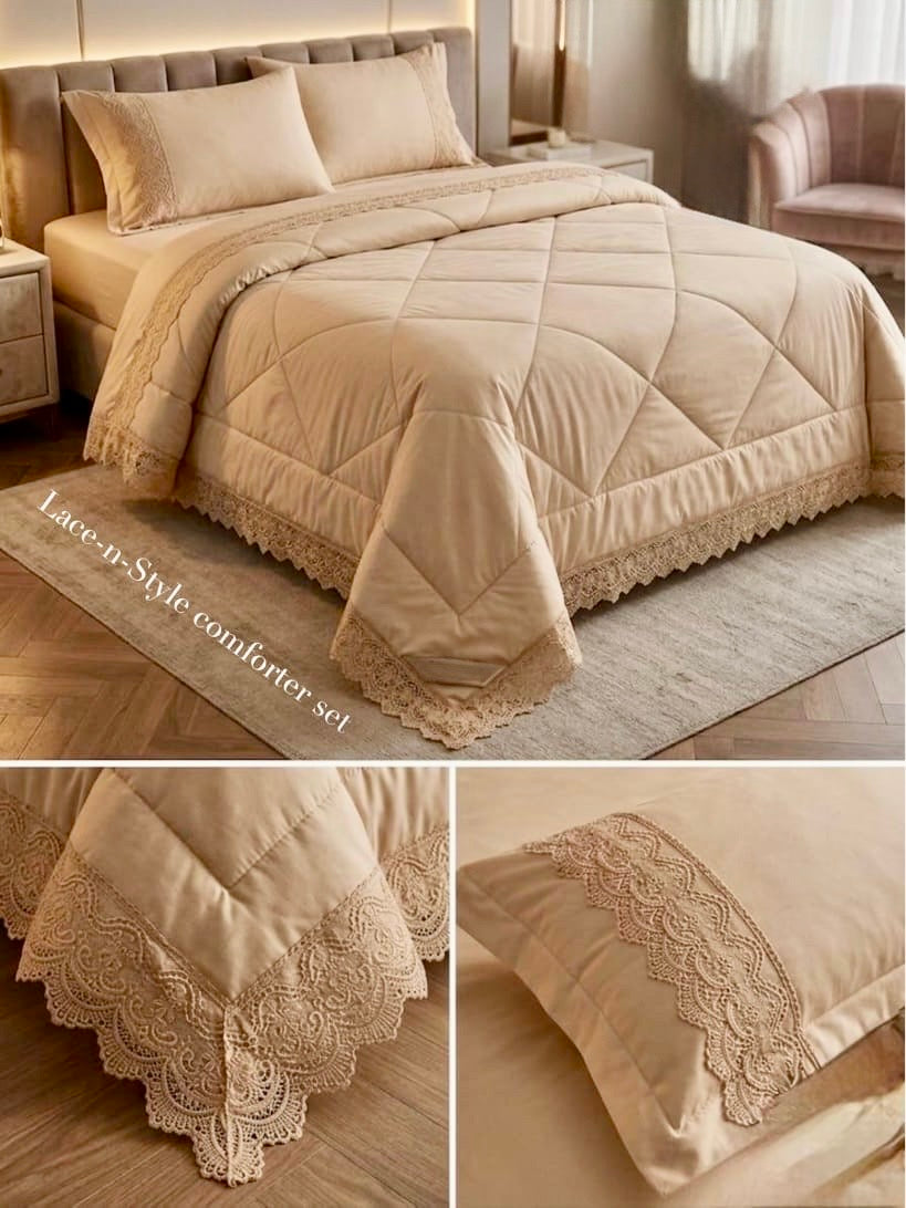 4-Piece Luxury AC Comforter Set with Lace Detailing – King Size