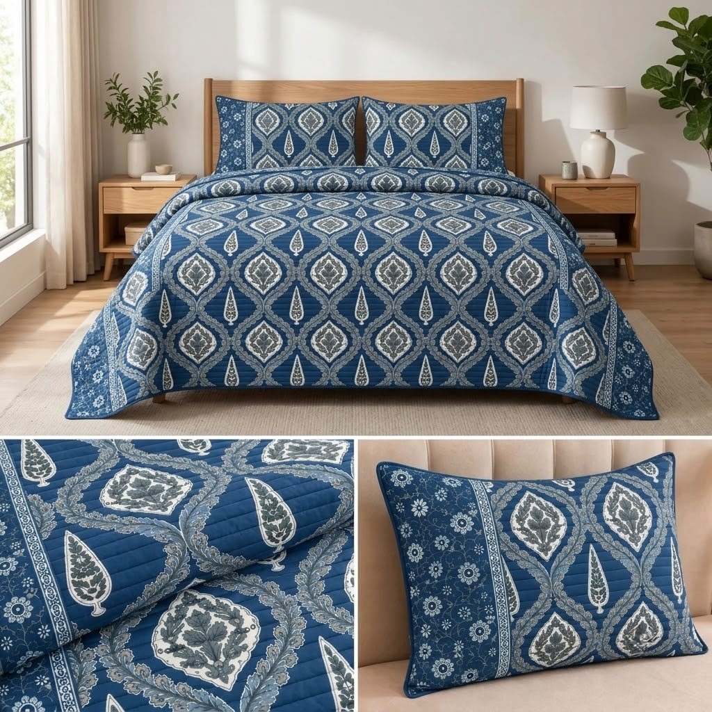 English Prints Quilted Bedcover with 2 Matching Pillow Covers – 3 Pcs Set