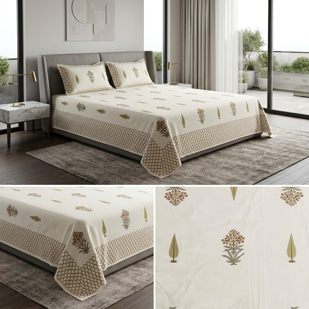 Heritage Block Print Cotton Bedsheet Set – King Size 3 Pcs