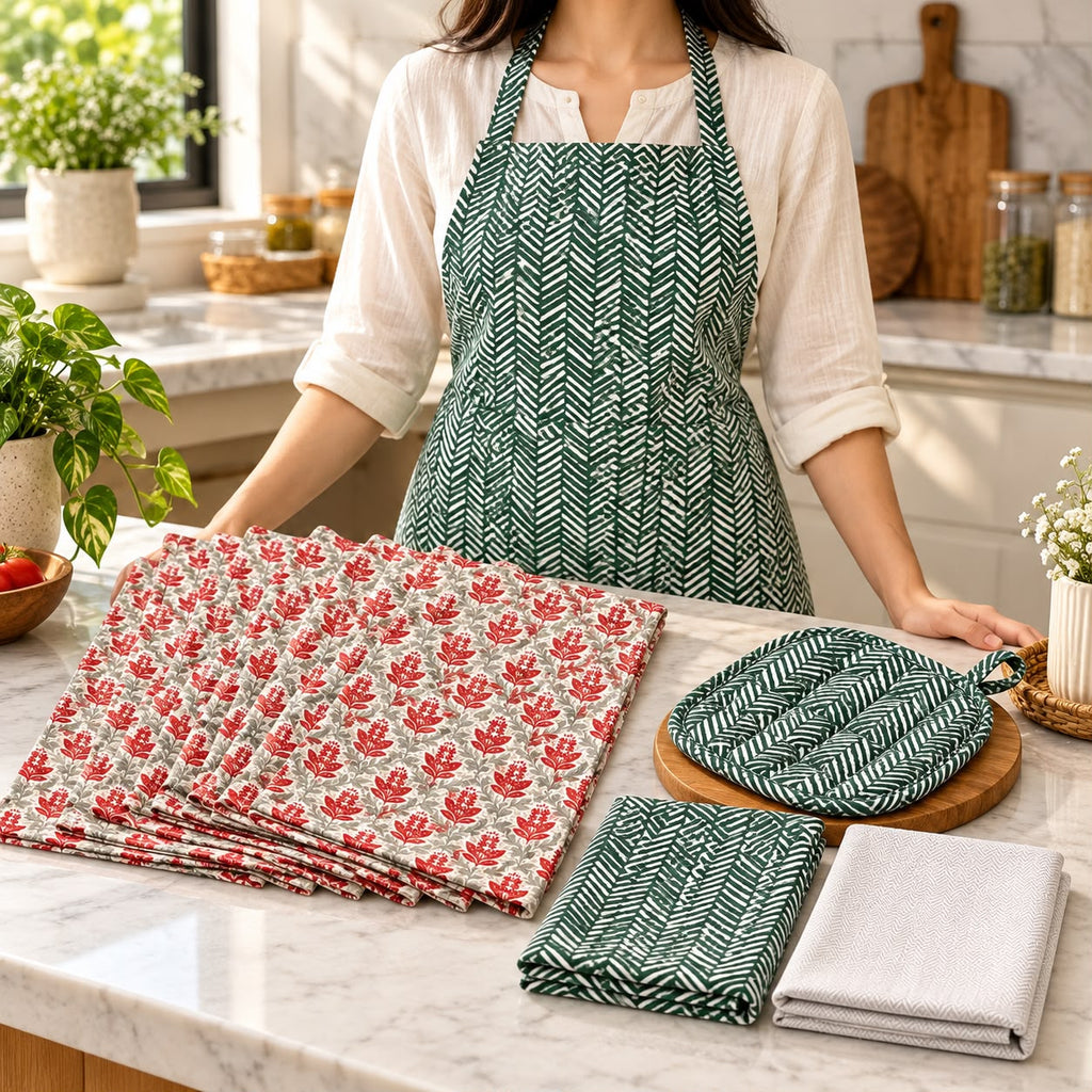 Premium 11-Piece Kitchen Linen Set with Apron, Napkins & Quilted Pot Holder – Green Floral Collection