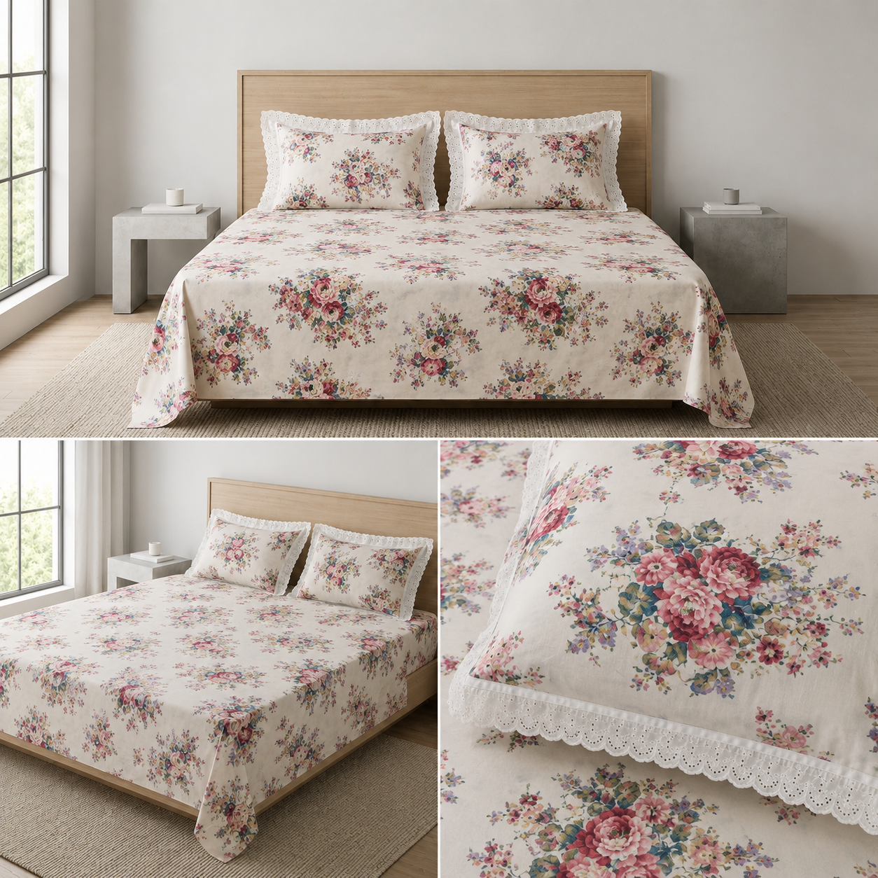 Floral King Size Bedsheet with Designer Lace Pillow Covers (108 x 108 Inches) Product Code:- 55B1150RKEH