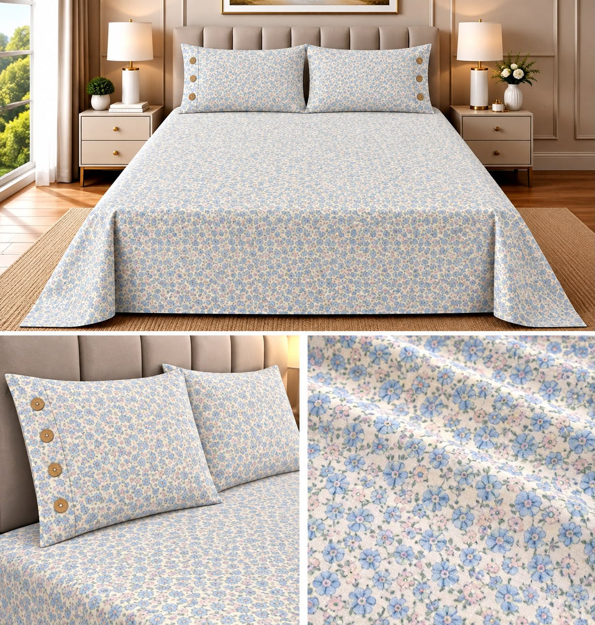 English Floral Cotton Bedsheet with 3-Button Pillow Covers – 2.5m × 2.7m