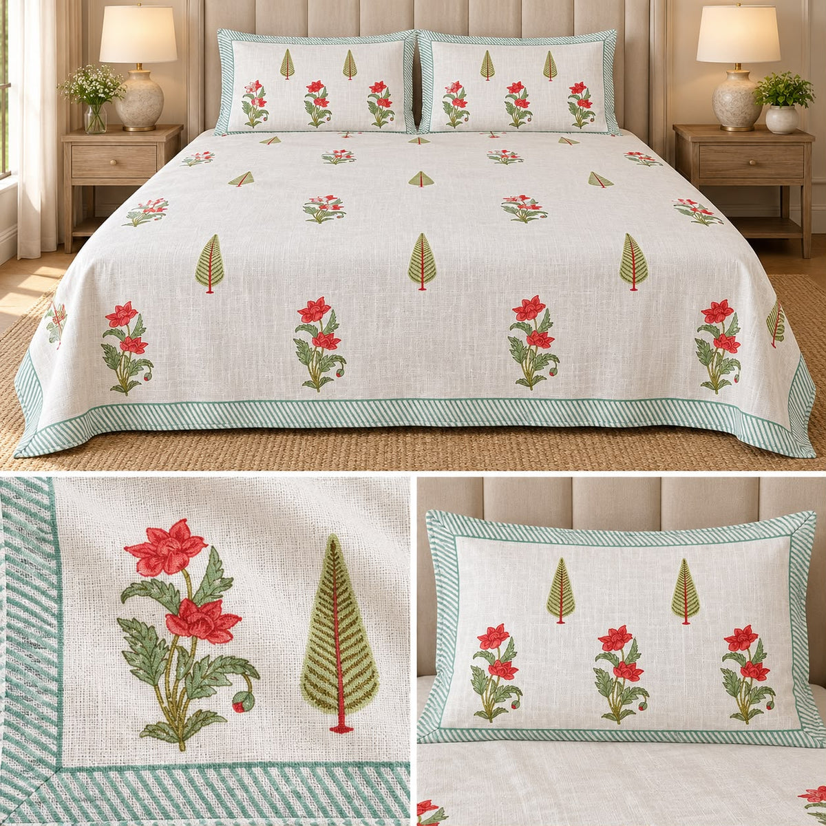 Soft Khadi Floral Bedcover Set – 3 Pcs | Elegant Traditional Print