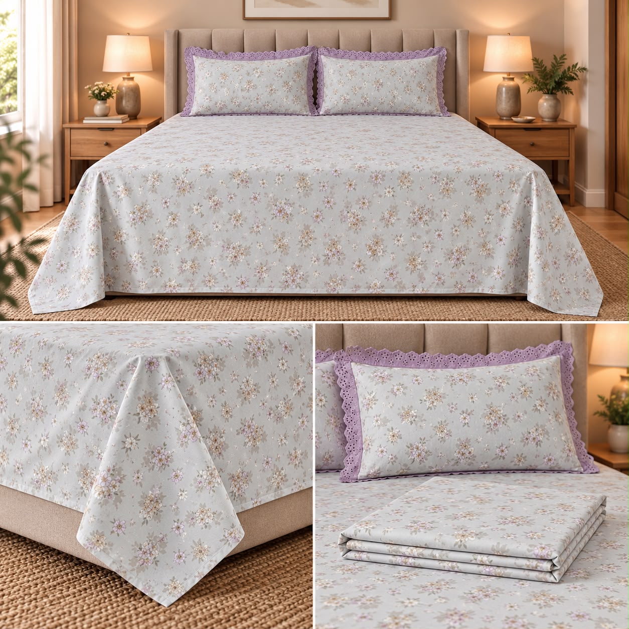 English Floral Print King Size Bedsheet with Lace Pillow Covers – 3 Pcs Set Product Code :- 55B135RKEH