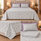 English Floral Print King Size Bedsheet with Lace Pillow Covers – 3 Pcs Set