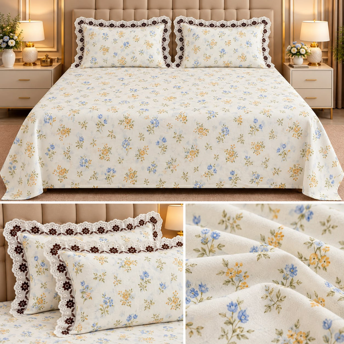 English Floral Lace Bedsheet Set – King Size 3 Pcs | Product Code :- 55B128RKEH