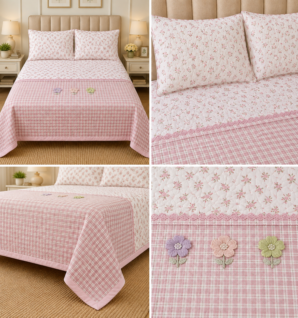 Gingham King Size Quilted Bedcover with 3 Beautiful 3D Floral Appliqué | Product Code :- 55B185RKEH