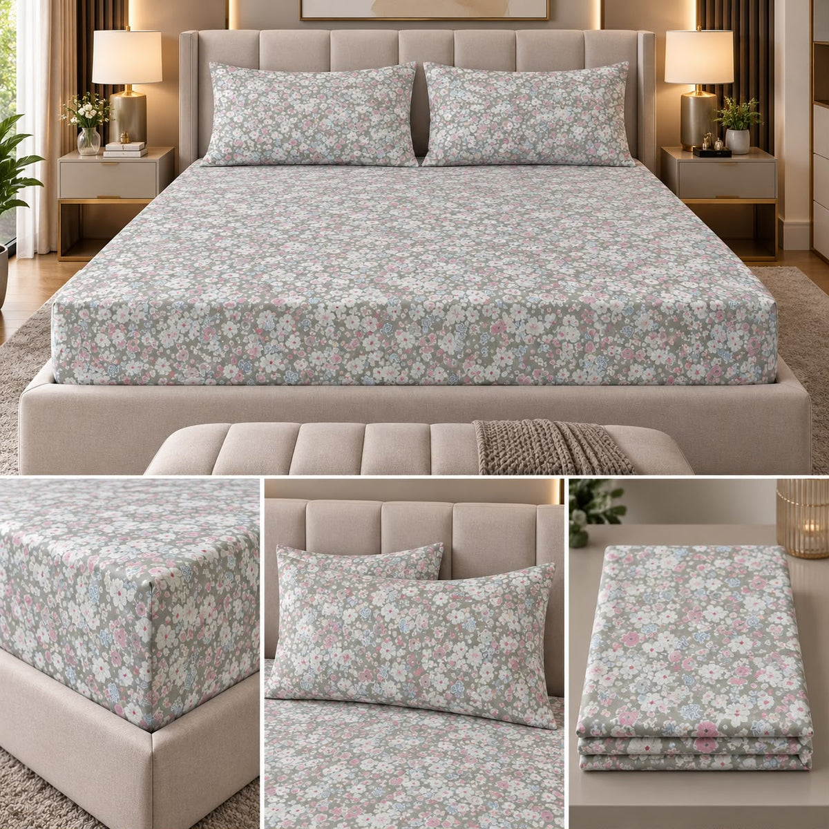 English Meadow 100% Cotton King Fitted Bedsheet – 3 Pcs Set