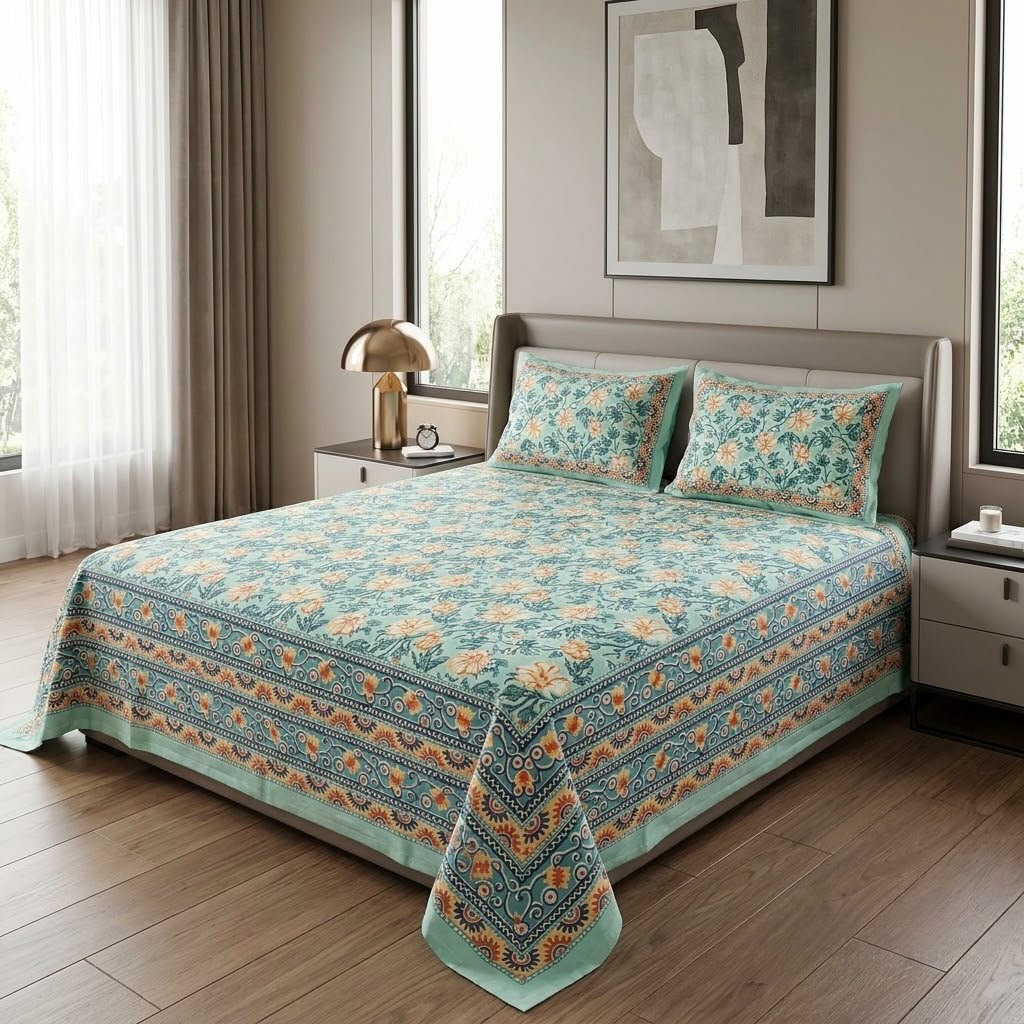 Heritage Block Print Cotton Bedsheet Set – King Size 3 Pcs