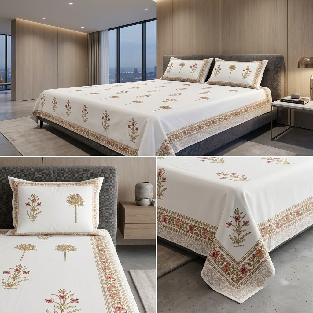 Heritage Block Print Cotton Bedsheet Set – King Size 3 Pcs