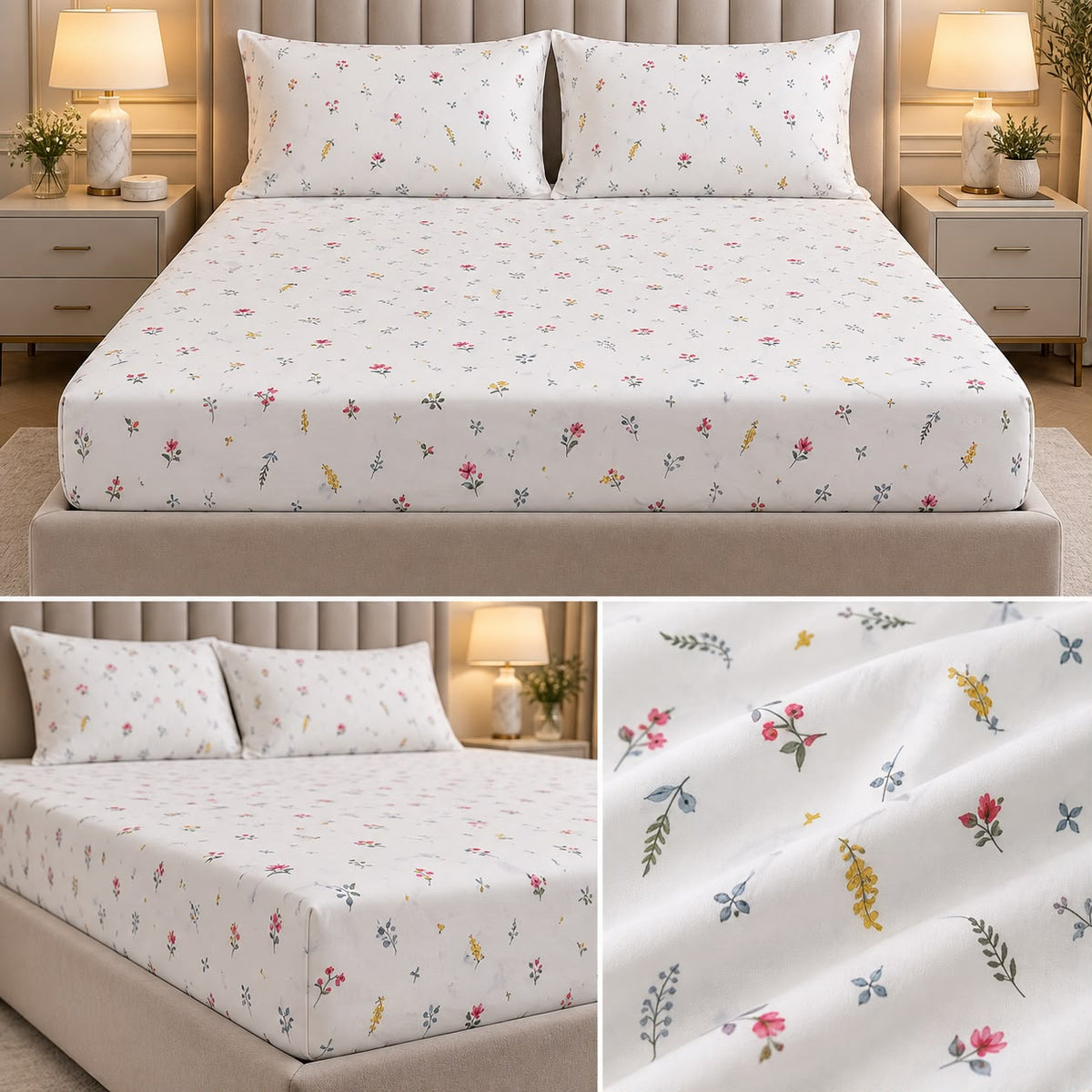 Wildflower Whisper 100% Pure Cotton Fitted Bedsheet Set