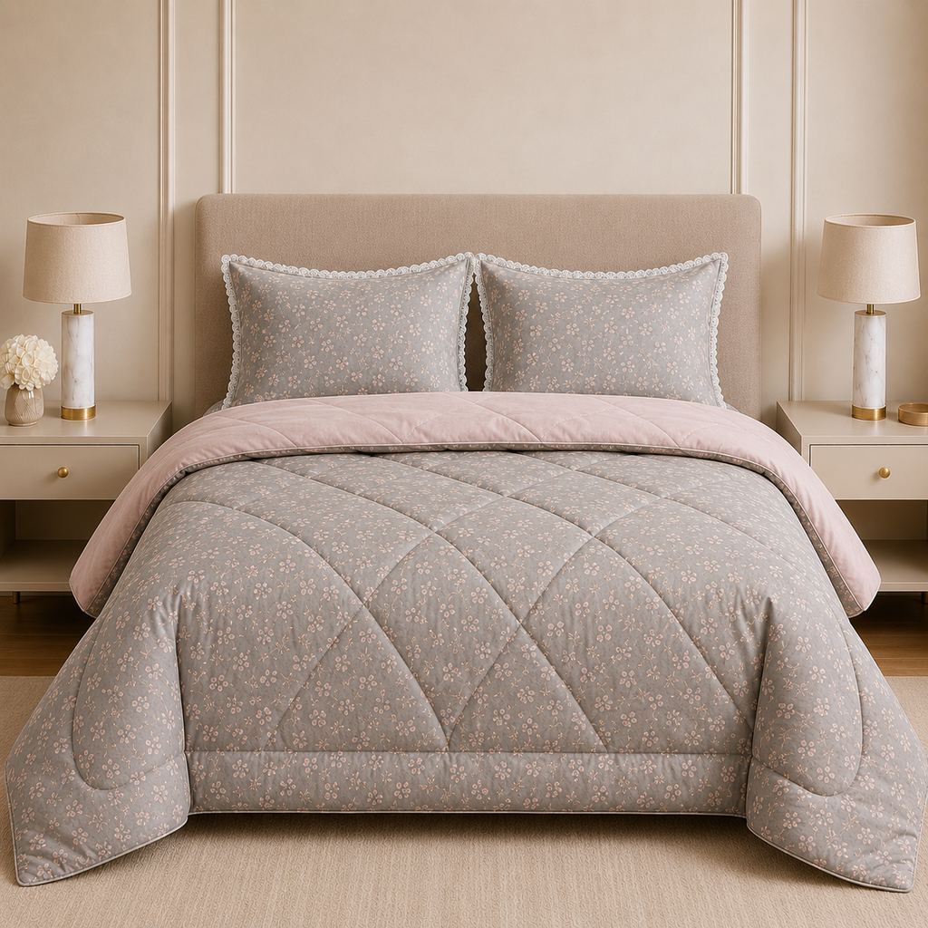4 Pcs King Size Comforter Set with Lace Pillow Covers – Floral Print Product Code:- 55B281RKEH