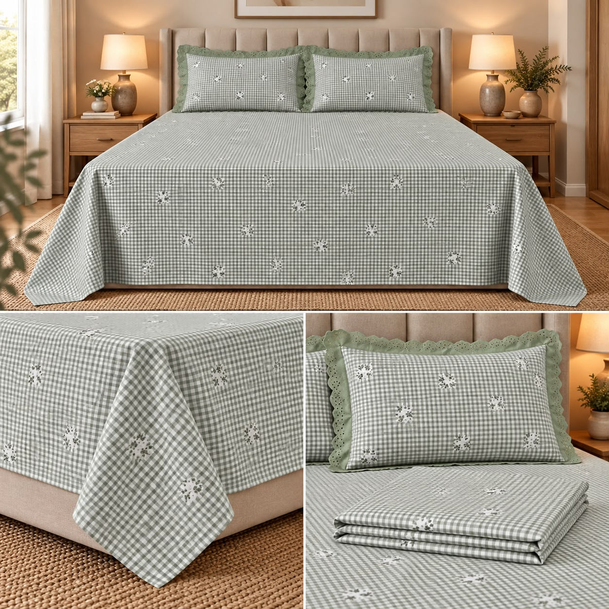 English Floral Print King Size Bedsheet with Lace Pillow Covers – 3 Pcs Set