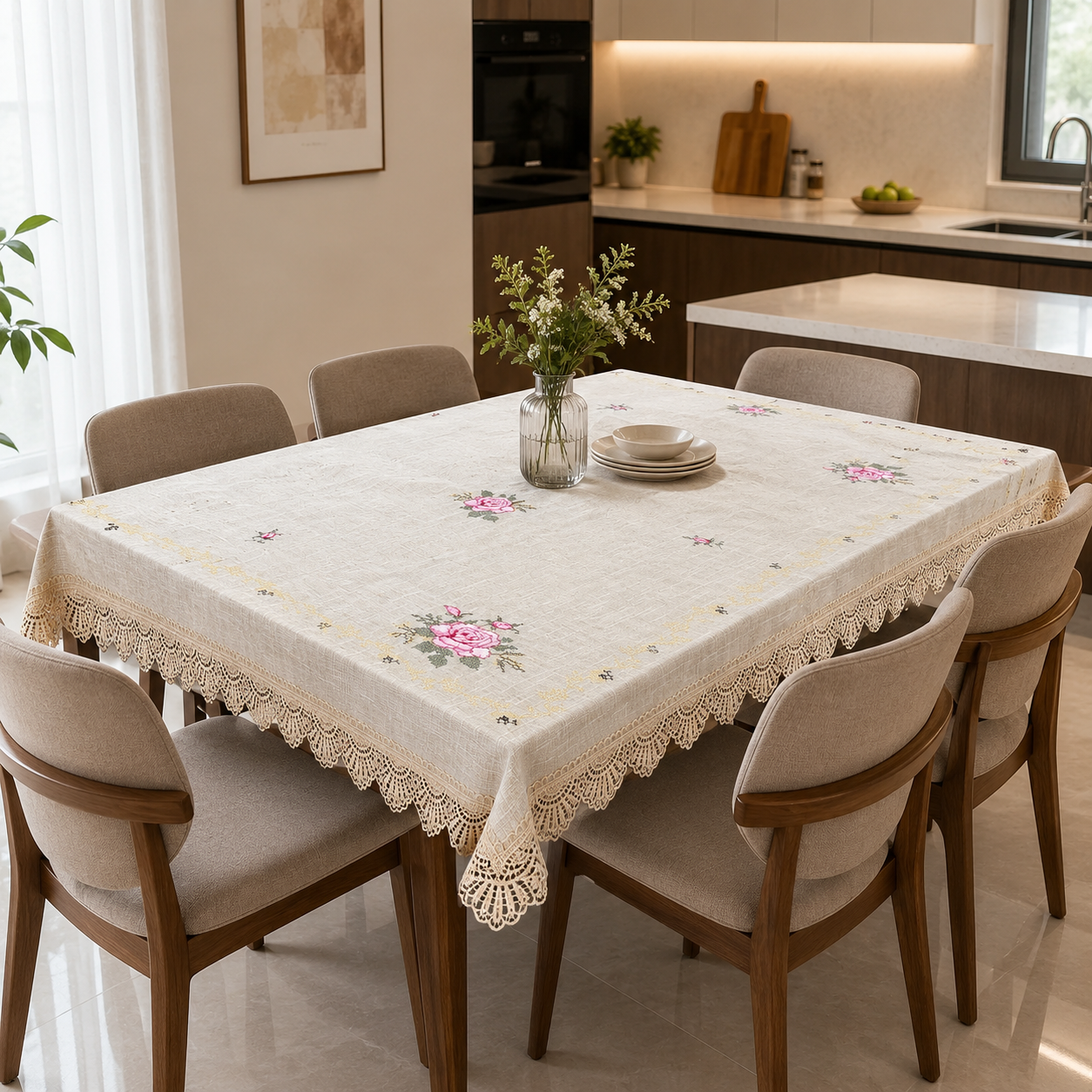 Premium Rose Embroidered Dining Table Cover – 6 Seater | 60 × 90 Inches | Elegant Lace Border