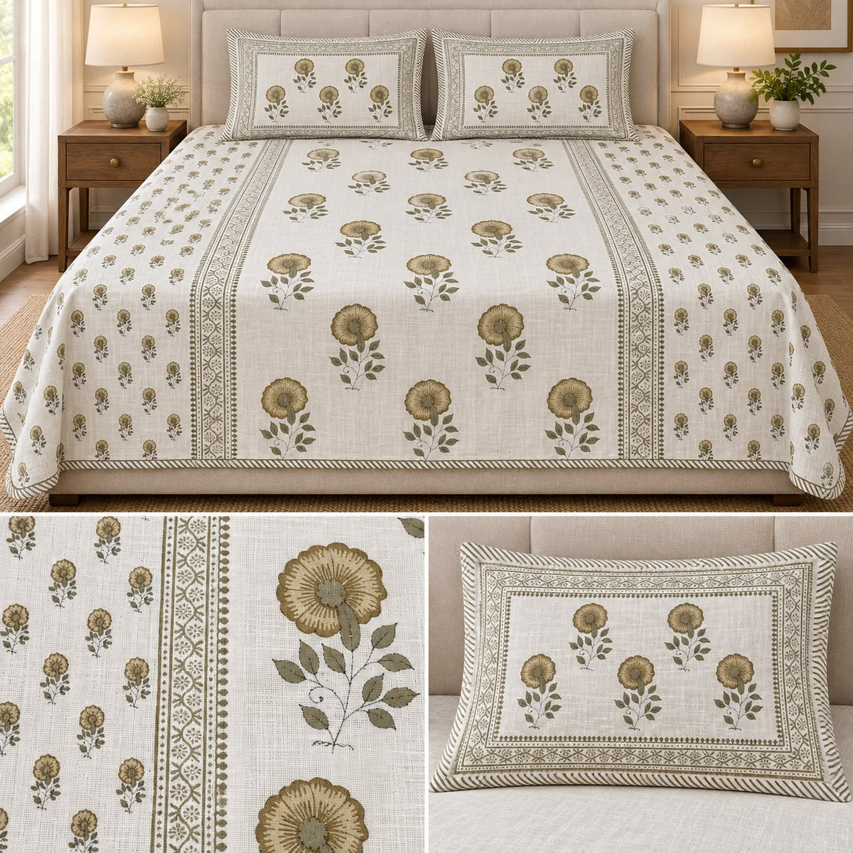 Soft Khadi Floral Bedcover Set – 3 Pcs | Elegant Traditional Print