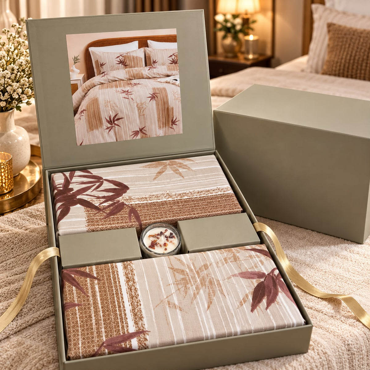 Premium Luxury Bedsheet Gift Box – 3 Piece King Size Bedsheet Set with Perfumed Candle