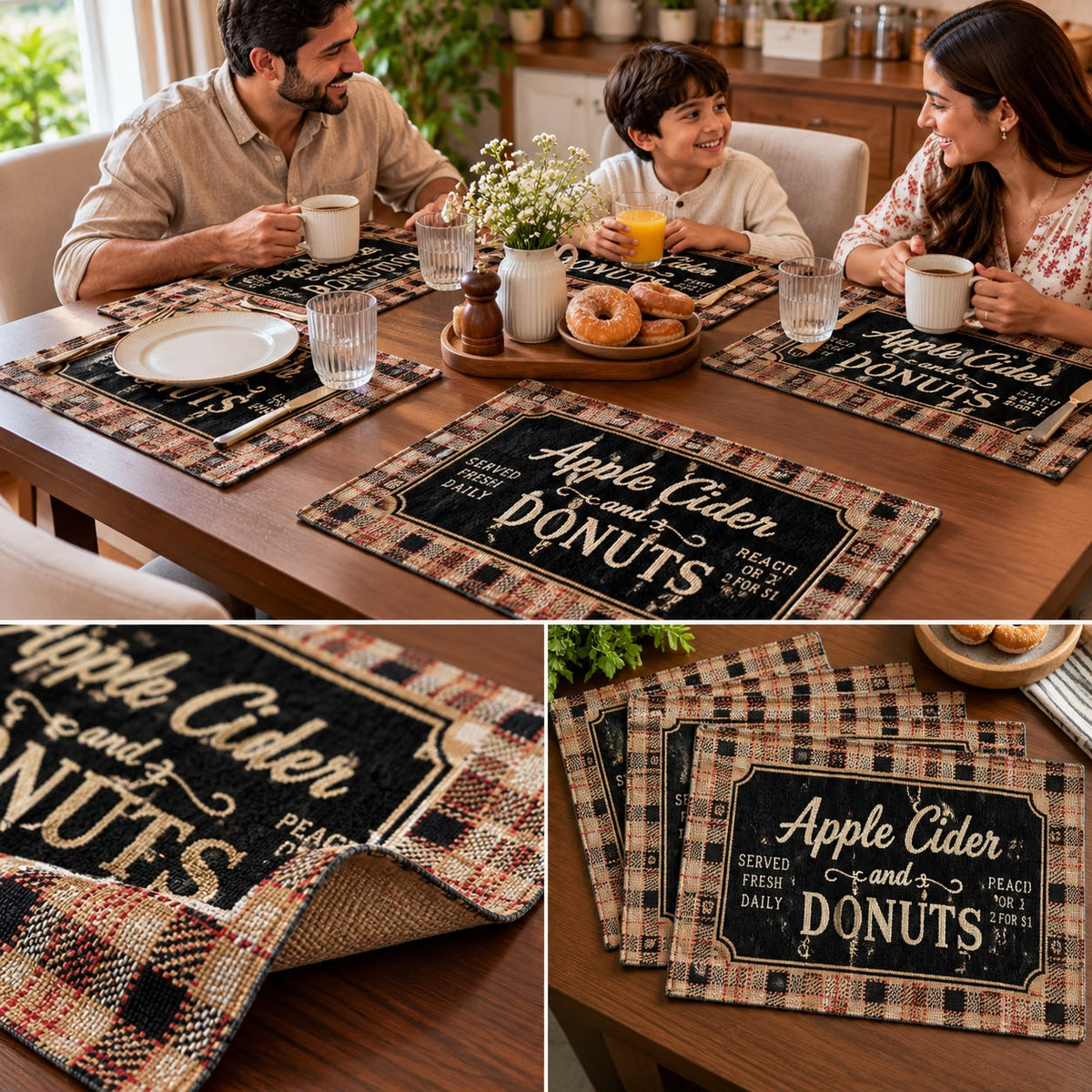 Vintage Apple Cider & Donuts Printed Fabric Dining Table Mats – Set of 4