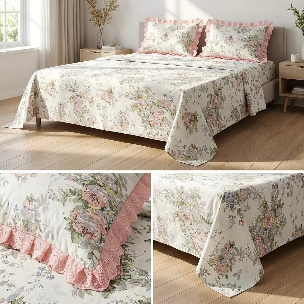 Pure Cotton Floral Bedsheet Set with Elegant Lace-Frilled Pillow Covers – King Size (108 × 108 Inches)