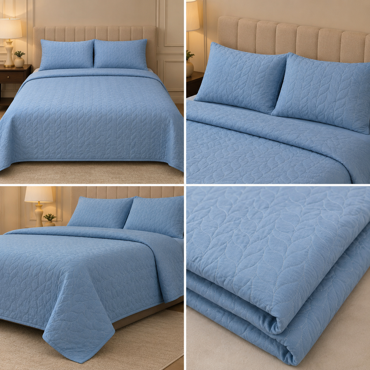 Plain King Size Quilted Bedcover with 2 Matching Pillow Covers – Elegant Leaf Stitch Design | Product Code :- 55B145RKEH