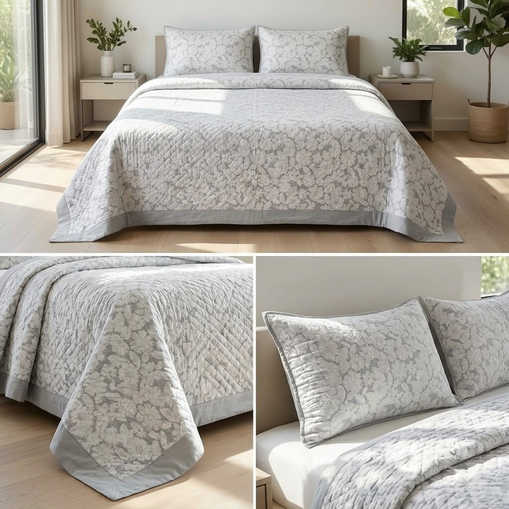 Luxury Floral Quilted Bedcover Set with Elegant Border Detailing – King Size (3 Pcs)