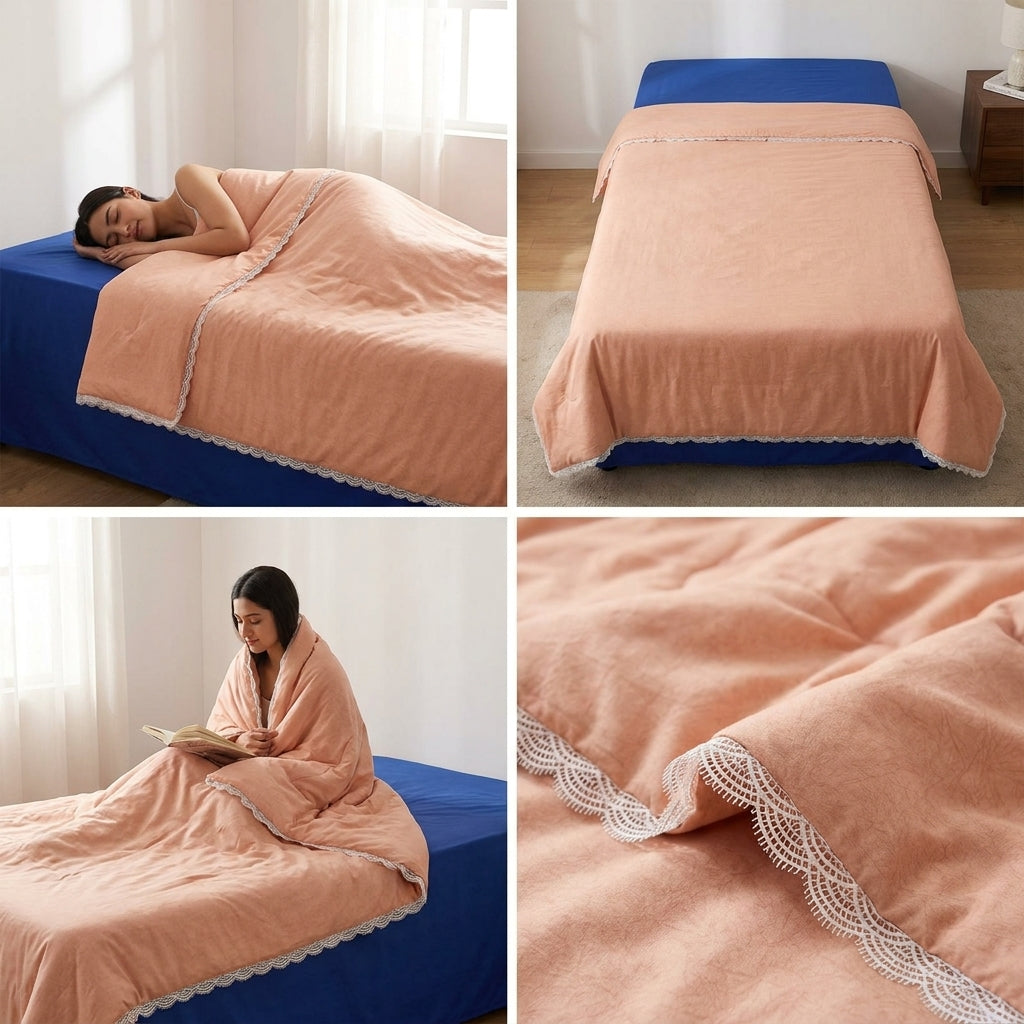 Premium Plain Mulmul Dohar with Lace Border - Single bed dohar combo
