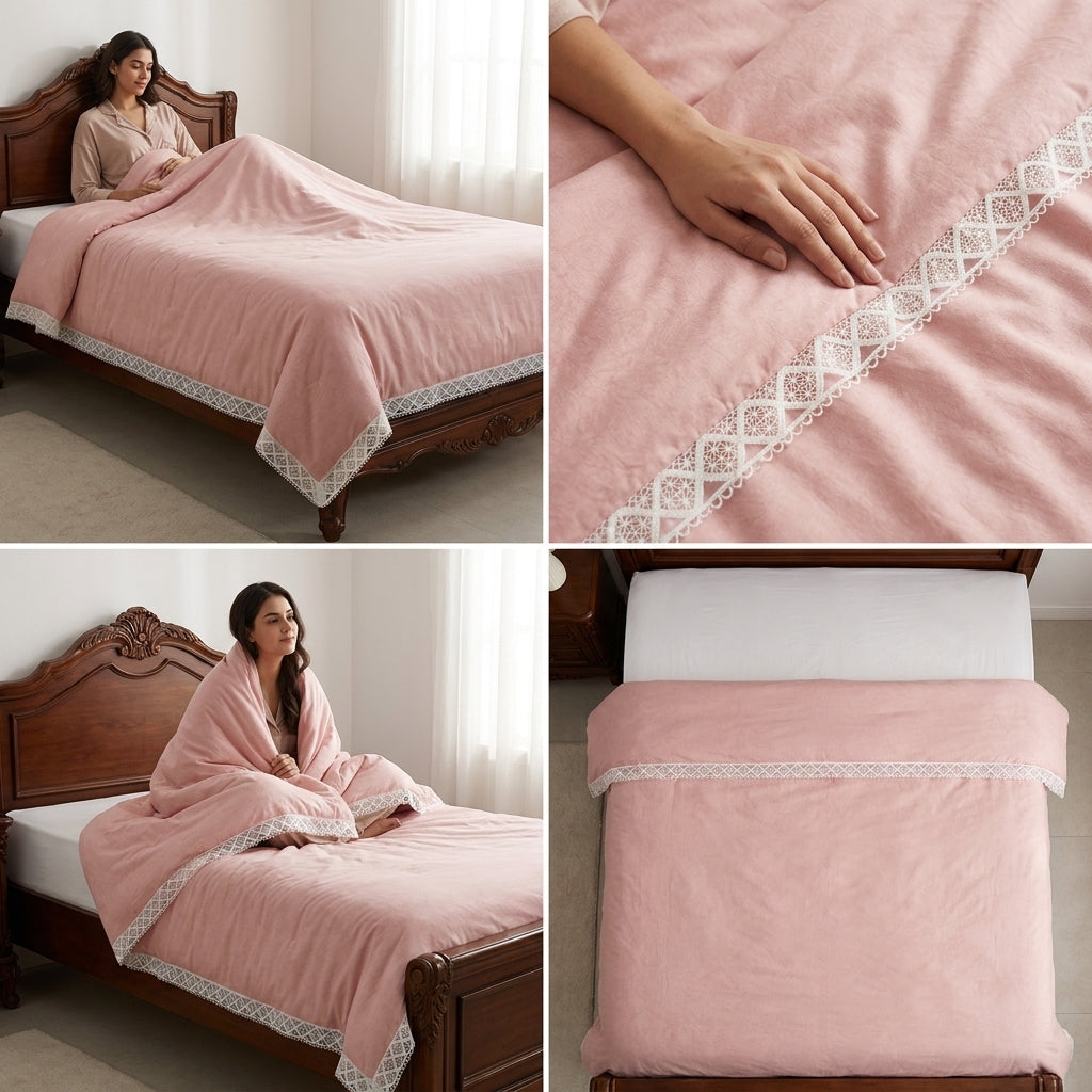 Premium Plain Mulmul Dohar with Lace Border - Single bed dohar combo