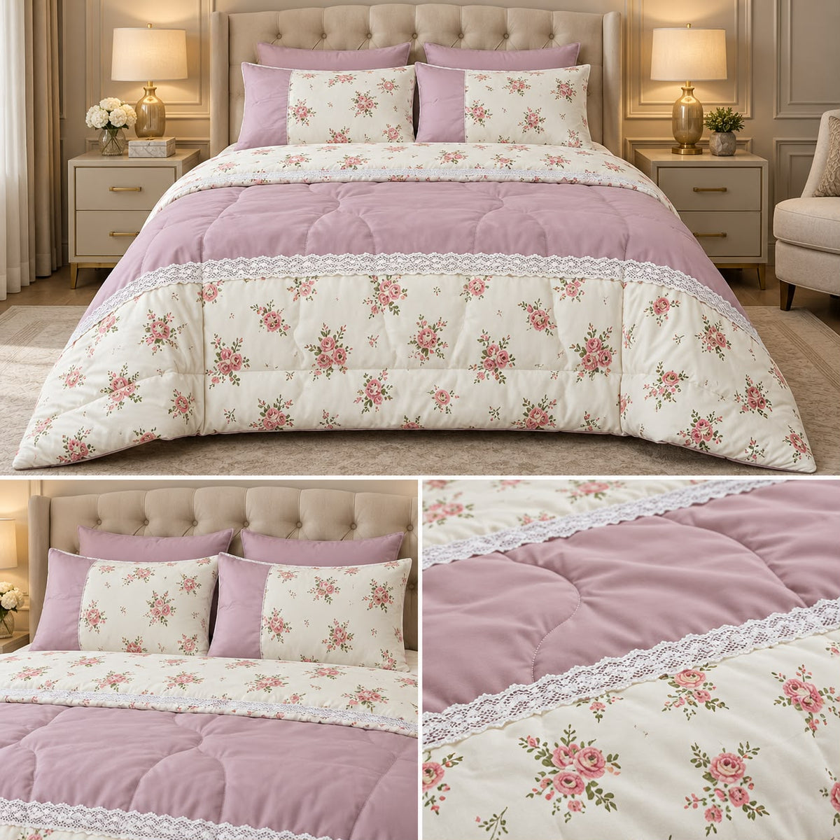 Rosé Meadow Floral King Size 4 Pcs Comforter Set