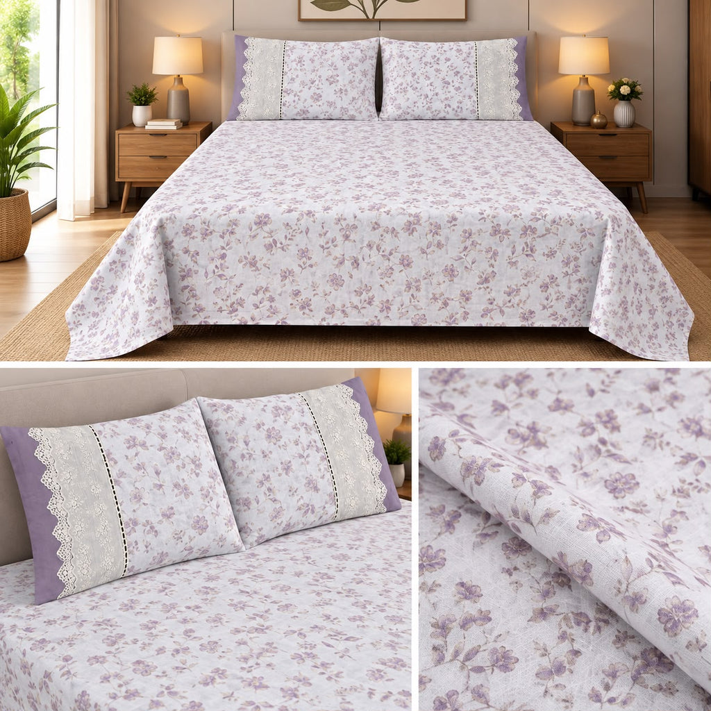 English Meadow Lace Cotton Bedsheet Set – King Size 3 Pcs