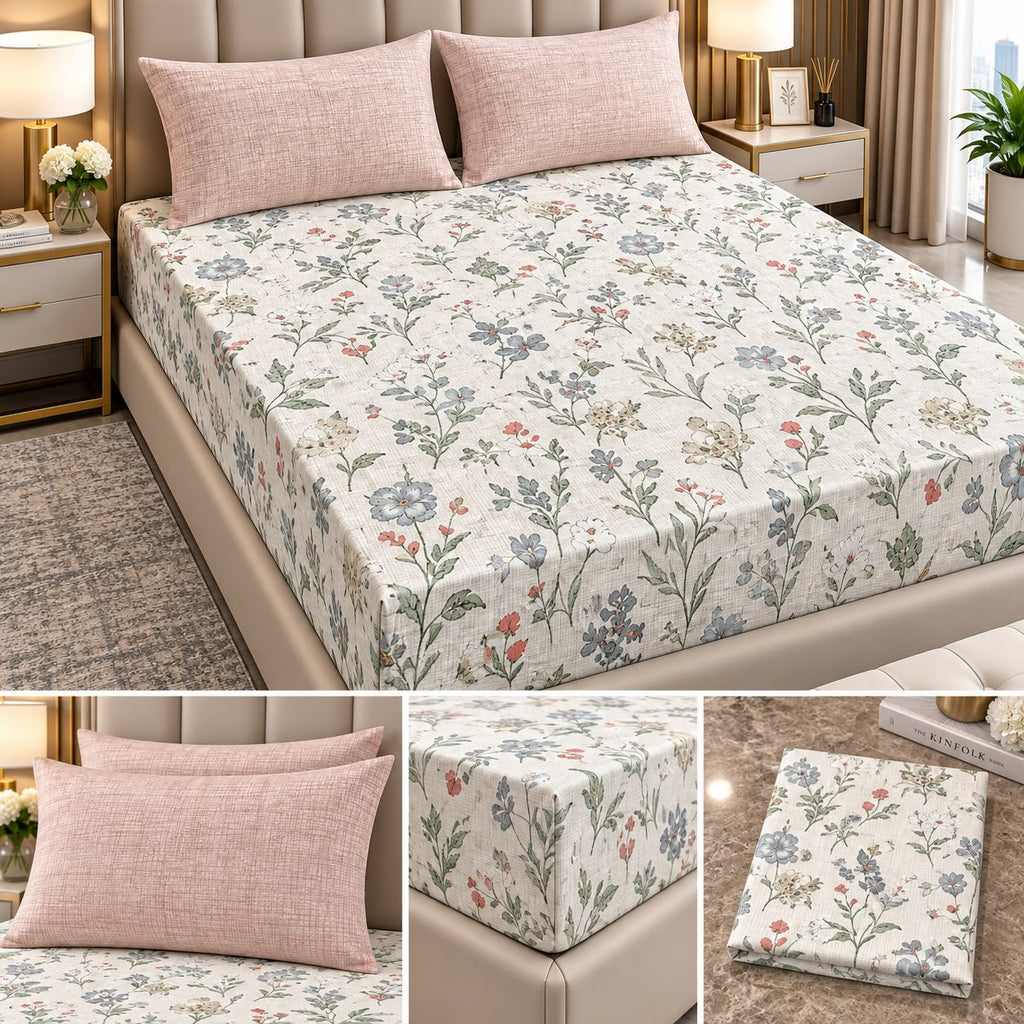 Wildflower Whisper 100% Pure Cotton Fitted Bedsheet Set