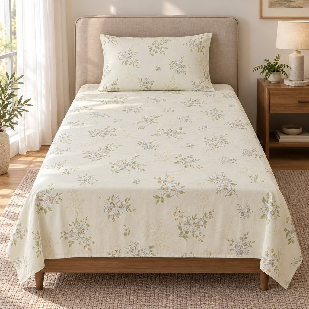 Printed Single Bedsheet Set – 2 Pcs (1 Bedsheet + 1 Pillow Cover) 100 % Pure Cotton