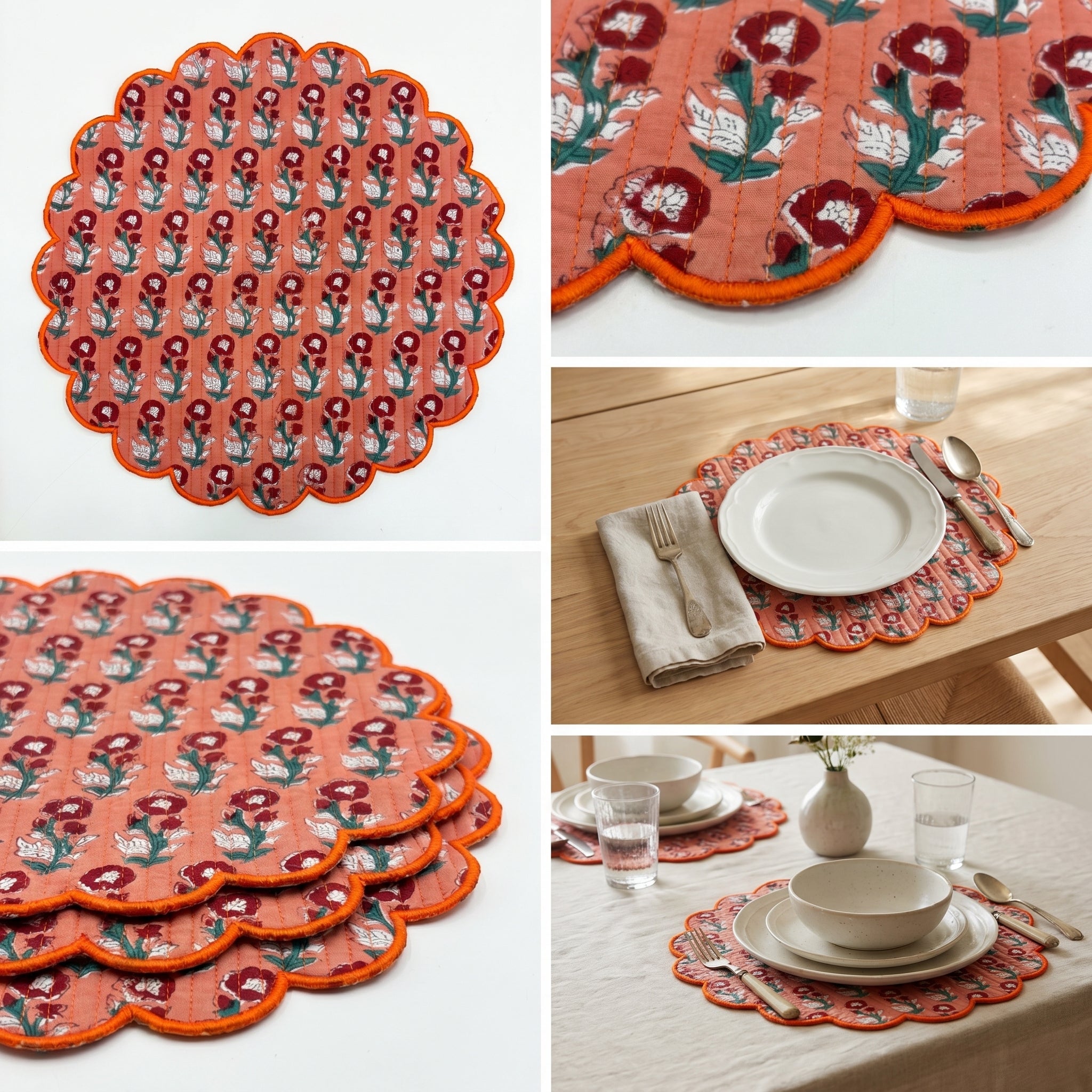 Coral Floral Quilted Placemats – 14” x 14”