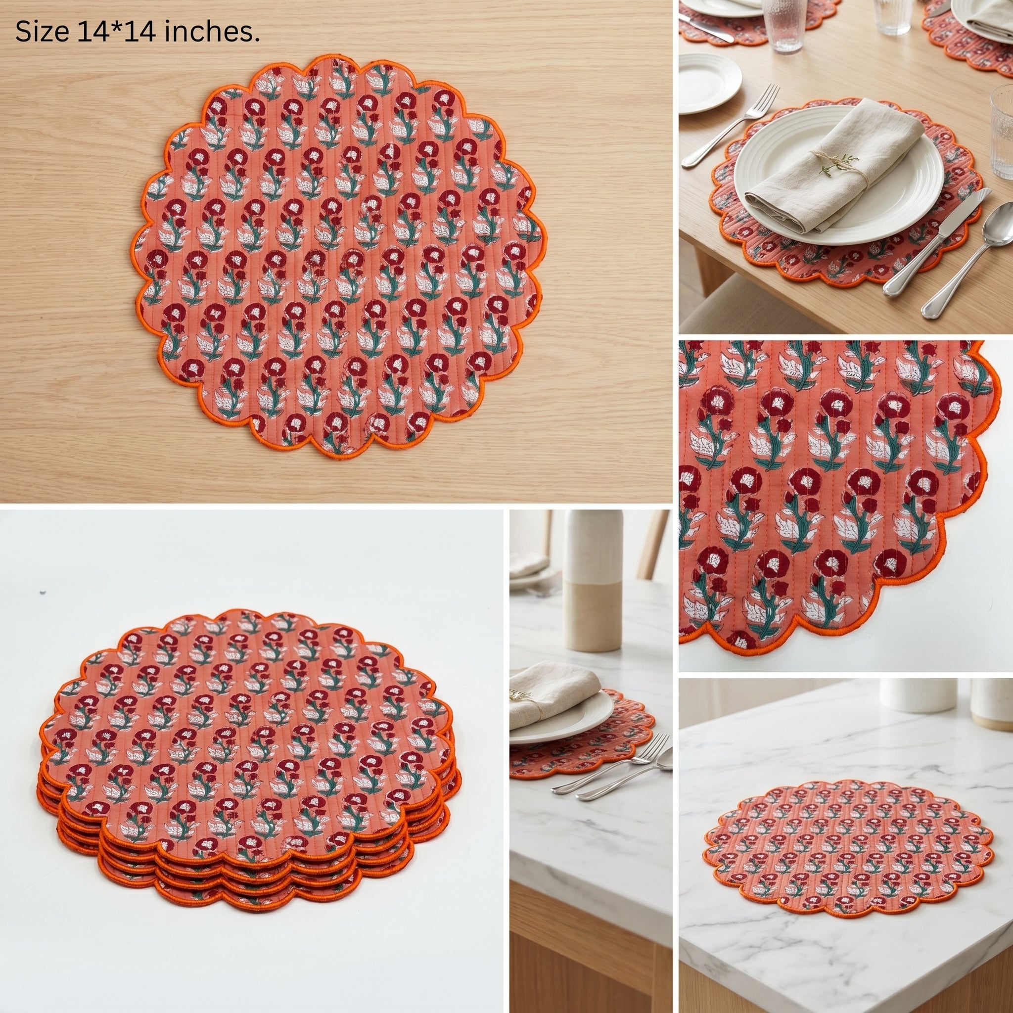 Coral Floral Quilted Placemats – 14” x 14”