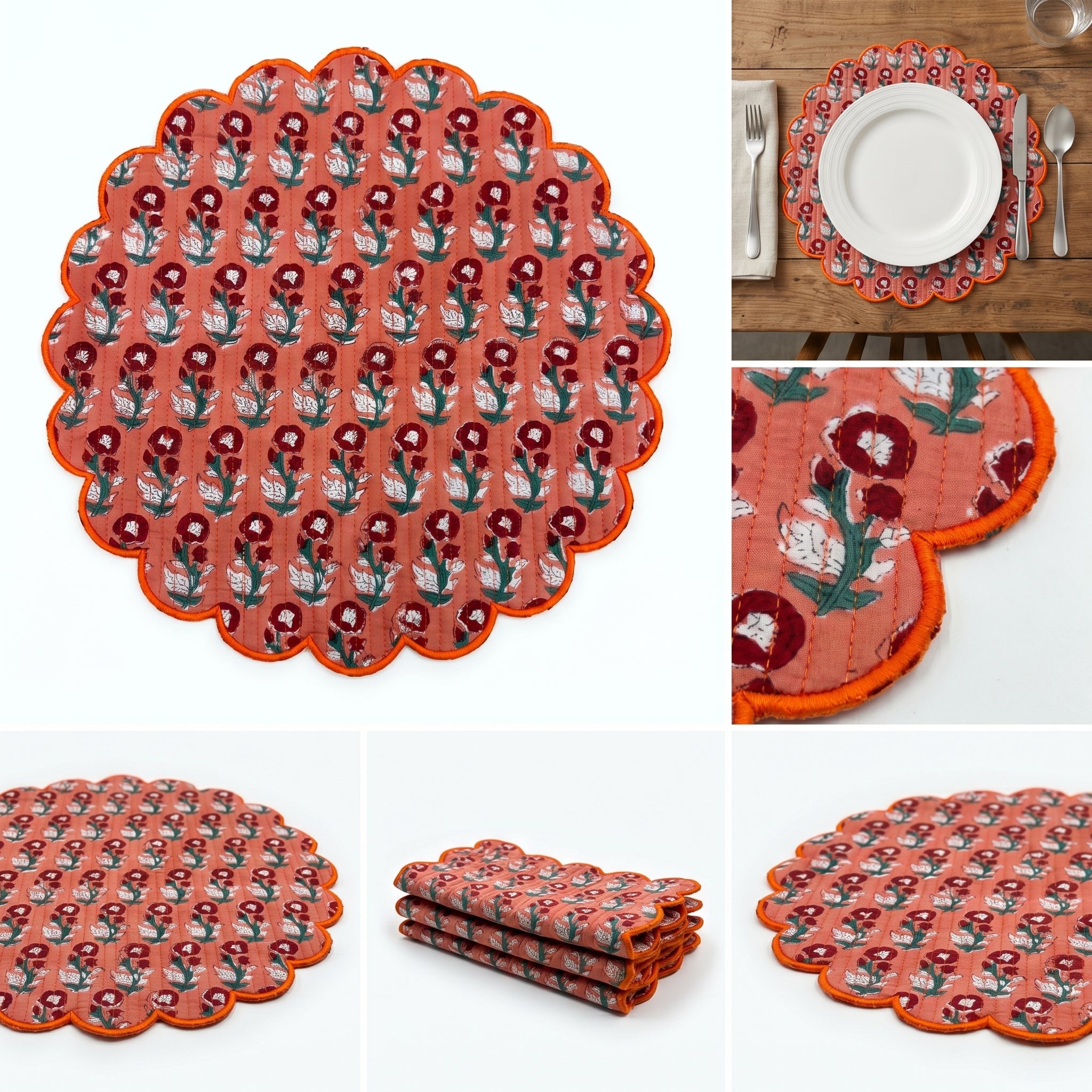 Coral Floral Quilted Placemats – 14” x 14”